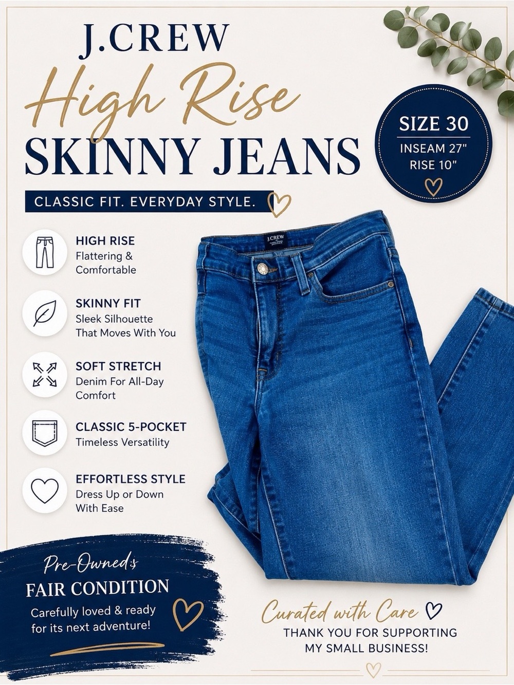 J.Crew High Rise Skinny Jeans Women’s Size 30 Blue Stretch Denim 27 Inseam